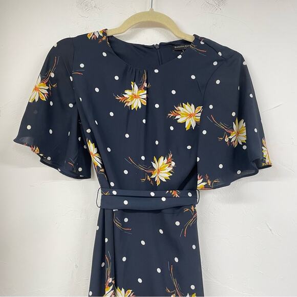 Banana Republic Navy Blue Floral Flutter Sleeve Mini Dress Womens 0 Tie Waist - Picture 2 of 8
